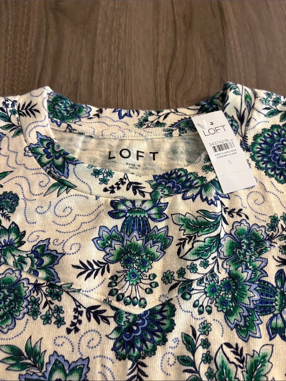 LOFT White Floral Pullover Sweatshirt with Blue & Green Print